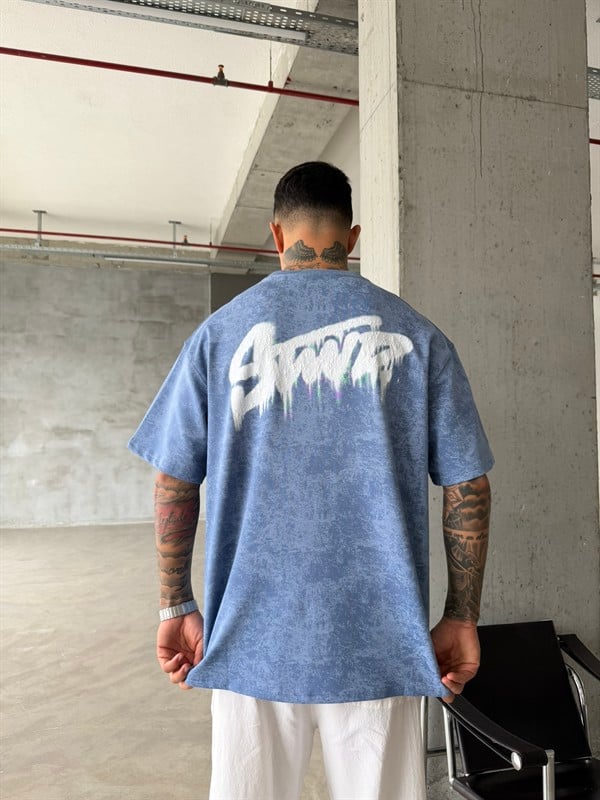 Acid Yıkamalı SW Premium Baskılı T-Shirt-Mavi