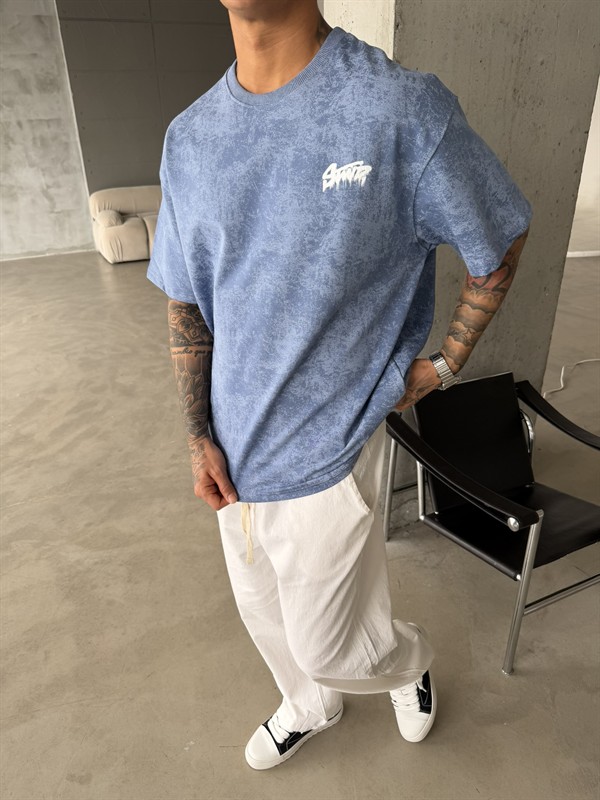 Acid Yıkamalı SW Premium Baskılı T-Shirt-Mavi