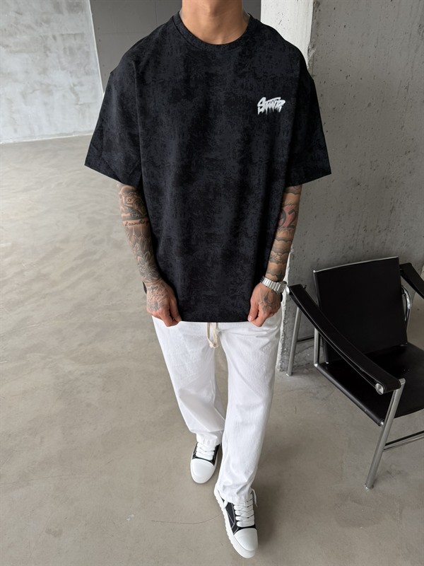 Acid Yıkamalı SW Premium Baskılı T-Shirt-Siyah