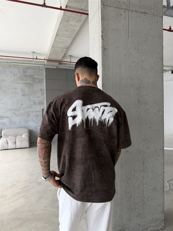 Acid Yıkamalı SW Premium Baskılı T-Shirt-Kahve
