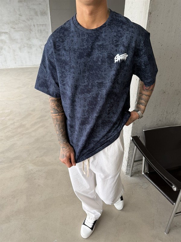 Acid Yıkamalı SW Premium Baskılı T-Shirt-İndigo