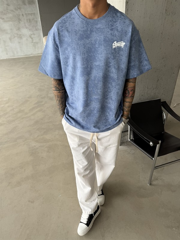 Acid Yıkamalı SW Premium Baskılı T-Shirt-Mavi