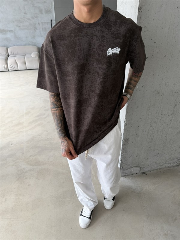 Acid Yıkamalı SW Premium Baskılı T-Shirt-Kahve