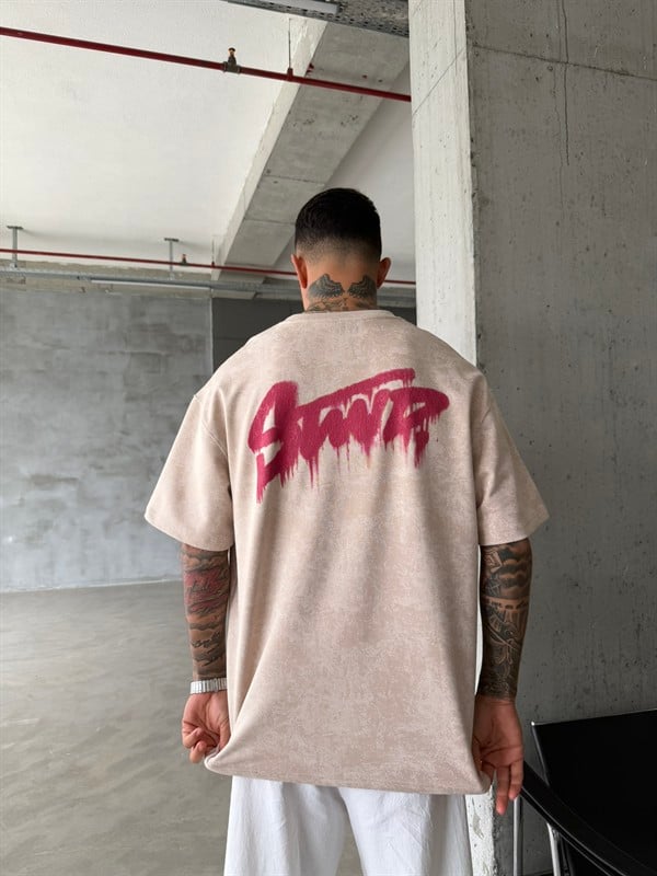 Acid Yıkamalı SW Premium Baskılı T-Shirt-Bej