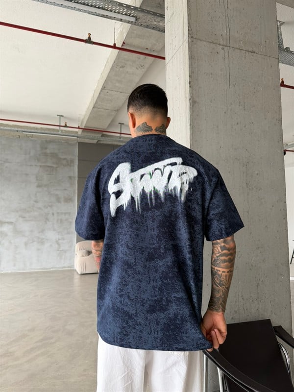 Acid Yıkamalı SW Premium Baskılı T-Shirt-İndigo