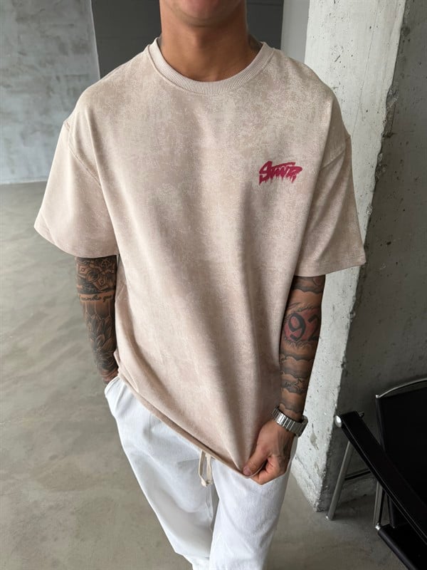 Acid Yıkamalı SW Premium Baskılı T-Shirt-Bej