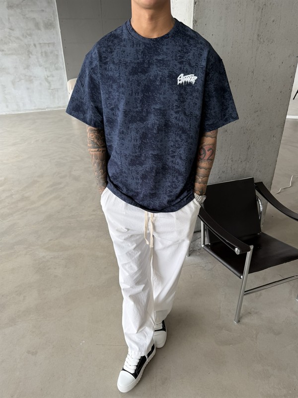 Acid Yıkamalı SW Premium Baskılı T-Shirt-İndigo