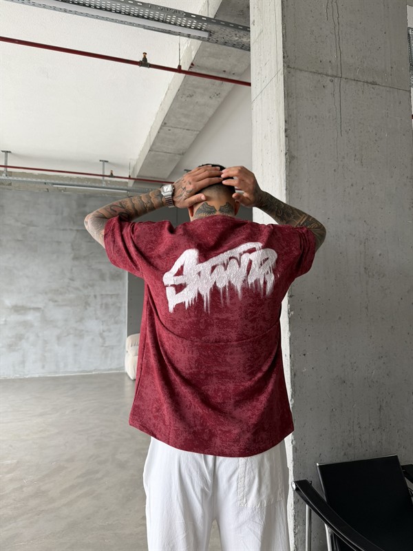 Acid Yıkamalı SW Premium Baskılı T-Shirt-Bordo