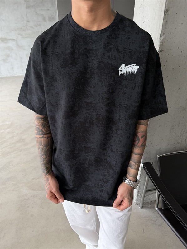 Acid Yıkamalı SW Premium Baskılı T-Shirt-Siyah