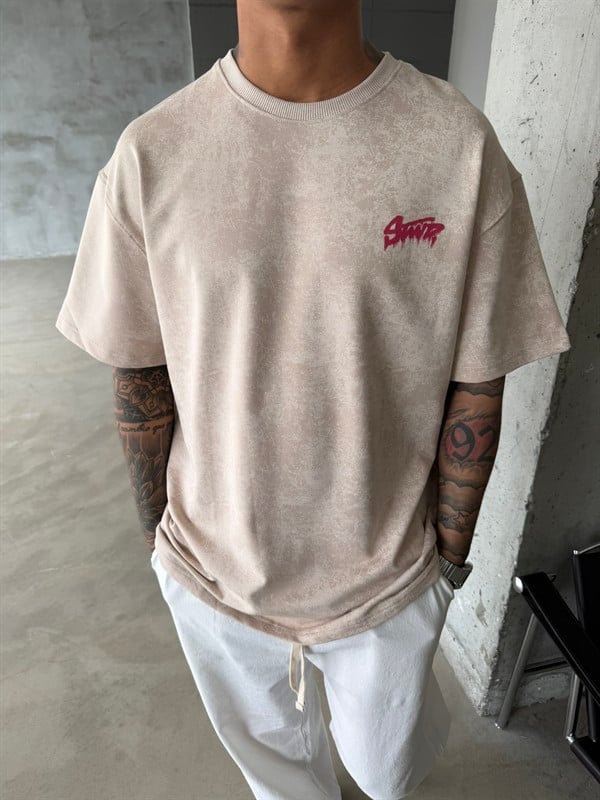 Acid Yıkamalı SW Premium Baskılı T-Shirt-Bej