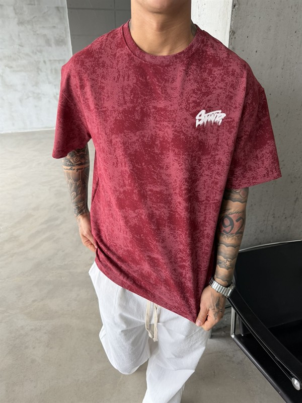 Acid Yıkamalı SW Premium Baskılı T-Shirt-Bordo