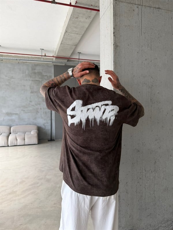 Acid Yıkamalı SW Premium Baskılı T-Shirt-Kahve
