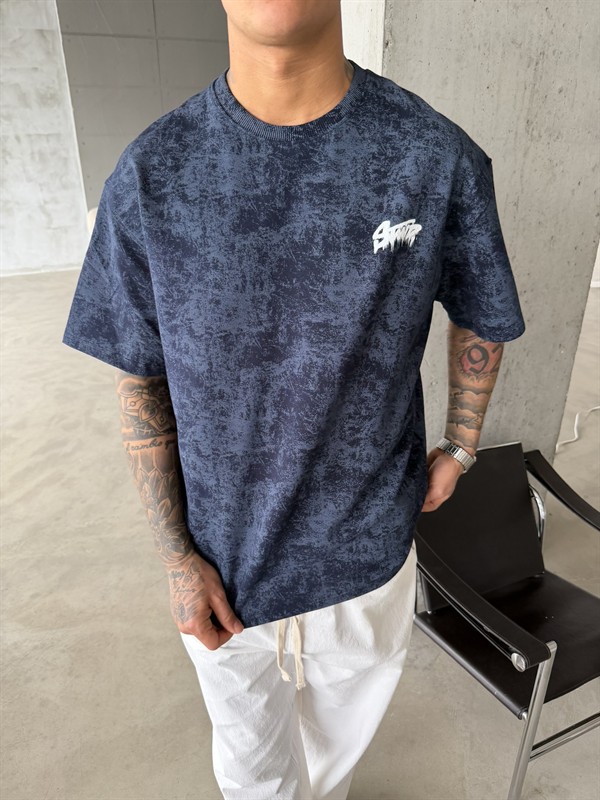 Acid Yıkamalı SW Premium Baskılı T-Shirt-İndigo
