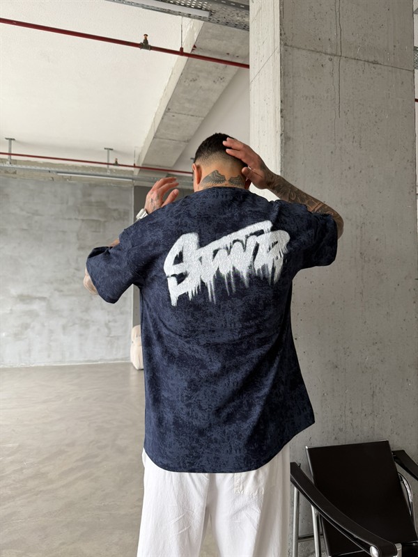 Acid Yıkamalı SW Premium Baskılı T-Shirt-İndigo