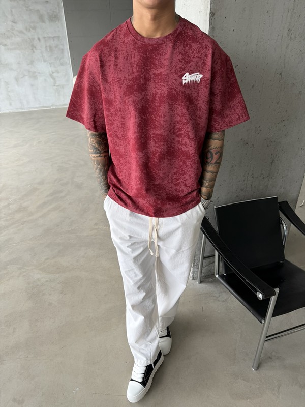 Acid Yıkamalı SW Premium Baskılı T-Shirt-Bordo