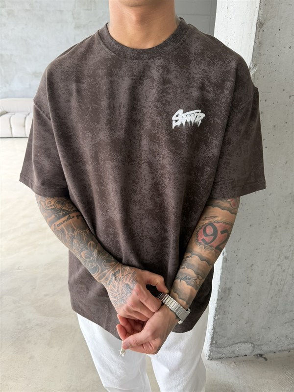 Acid Yıkamalı SW Premium Baskılı T-Shirt-Kahve