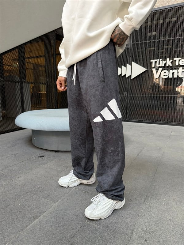 AD Büyük Baskı Acid Yıkamalı Basic Eşofman - Füme