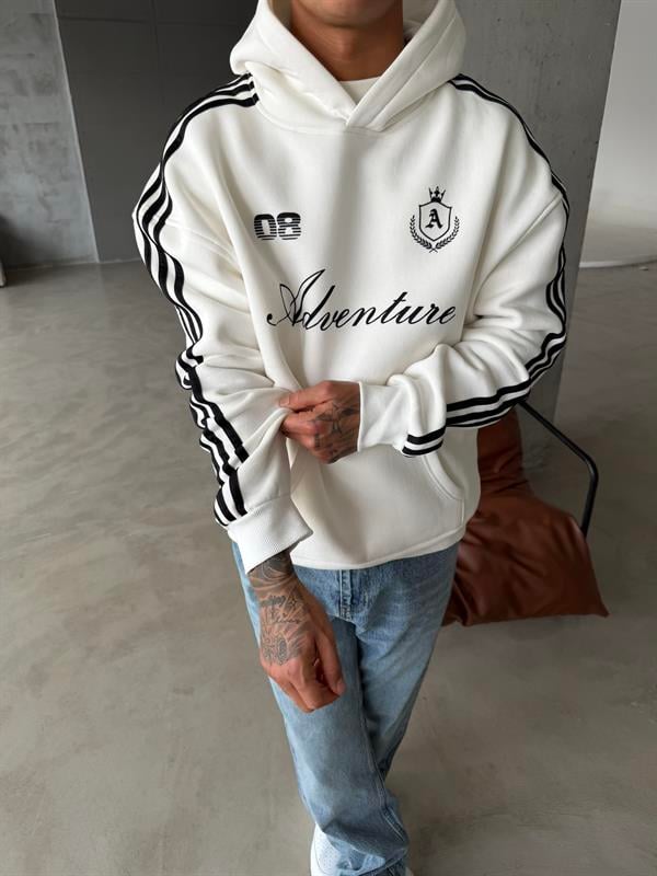 Adventure 08 Cizgili Hoodie - Beyaz