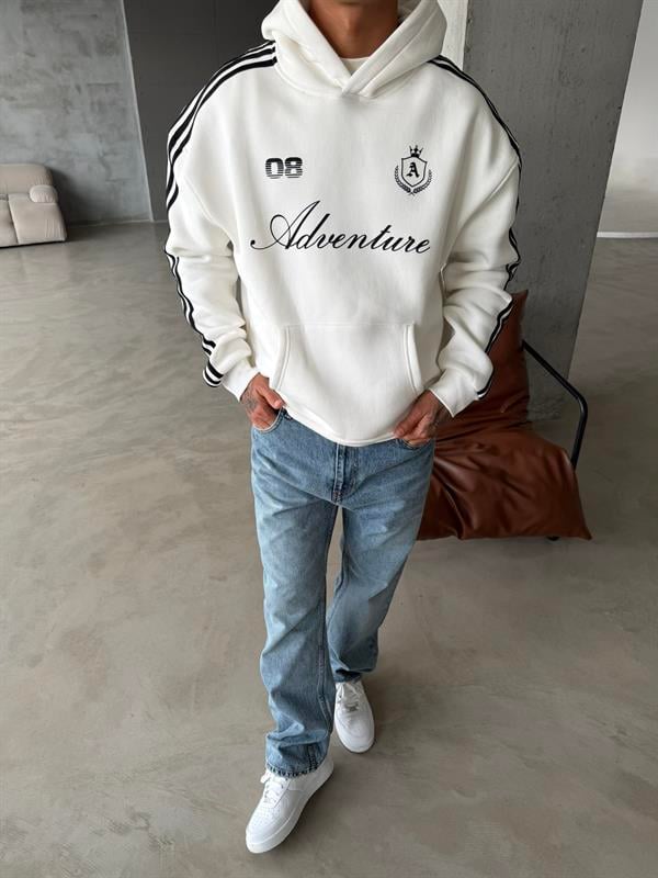 Adventure 08 Cizgili Hoodie - Beyaz