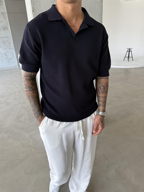 Ajurlu Patlı Triko Polo Yaka T-Shirt - Lacivert