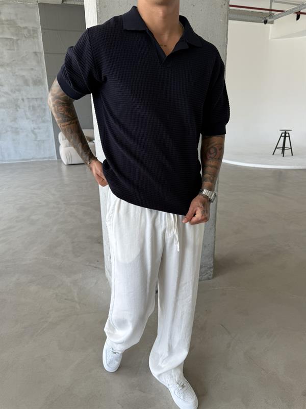 Ajurlu Patlı Triko Polo Yaka T-Shirt - Lacivert