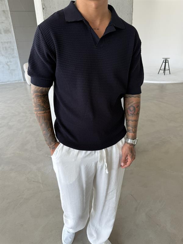 Ajurlu Patlı Triko Polo Yaka T-Shirt - Lacivert