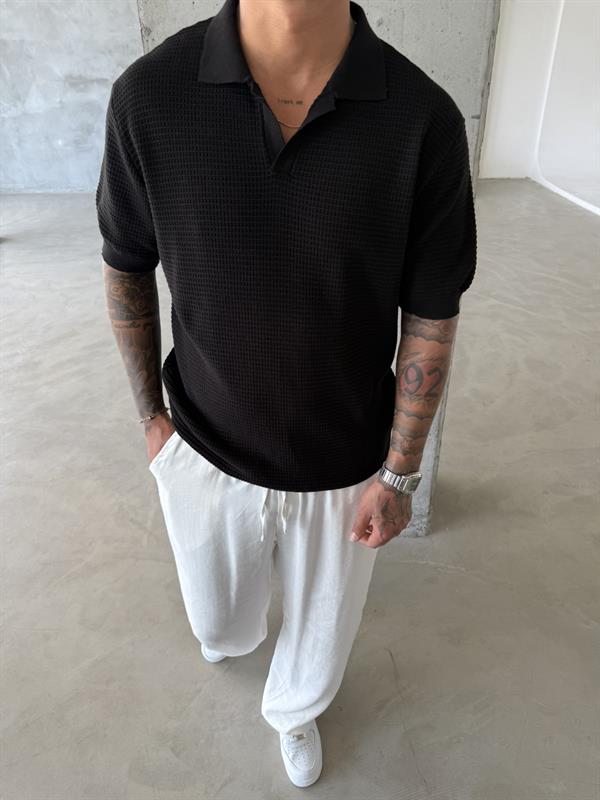 Ajurlu Patlı Triko Polo Yaka T-Shirt - Siyah