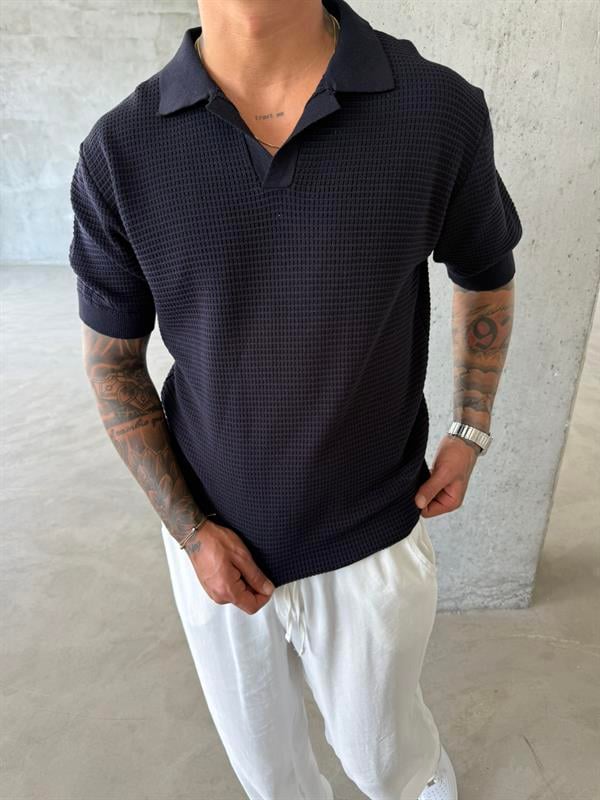 Ajurlu Patlı Triko Polo Yaka T-Shirt - Lacivert