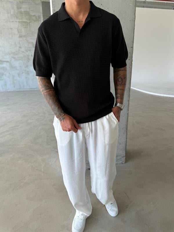 Ajurlu Patlı Triko Polo Yaka T-Shirt - Siyah