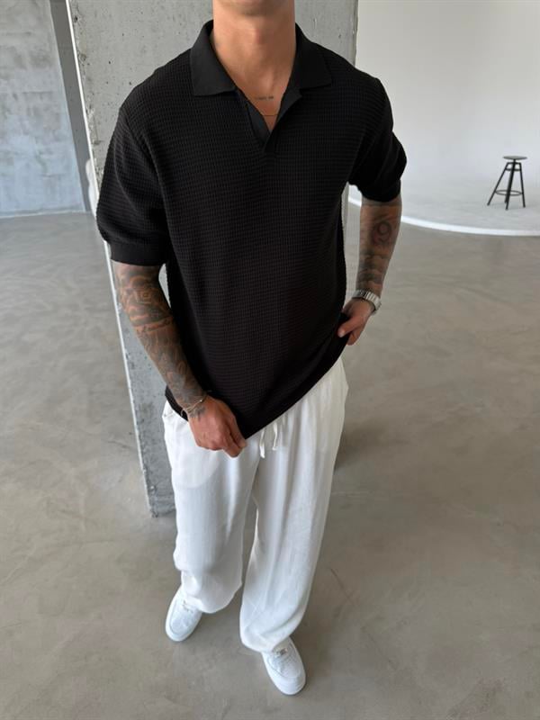 Ajurlu Patlı Triko Polo Yaka T-Shirt - Siyah