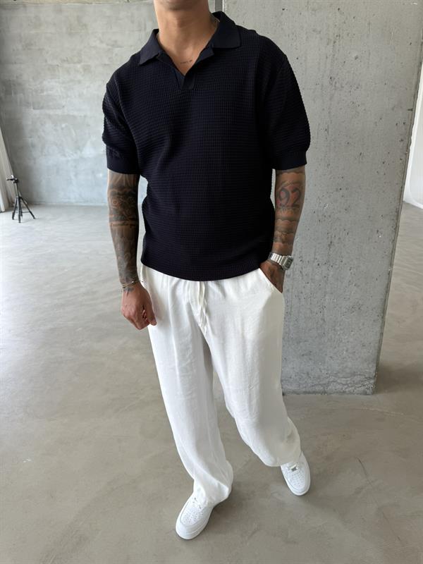 Ajurlu Patlı Triko Polo Yaka T-Shirt - Lacivert