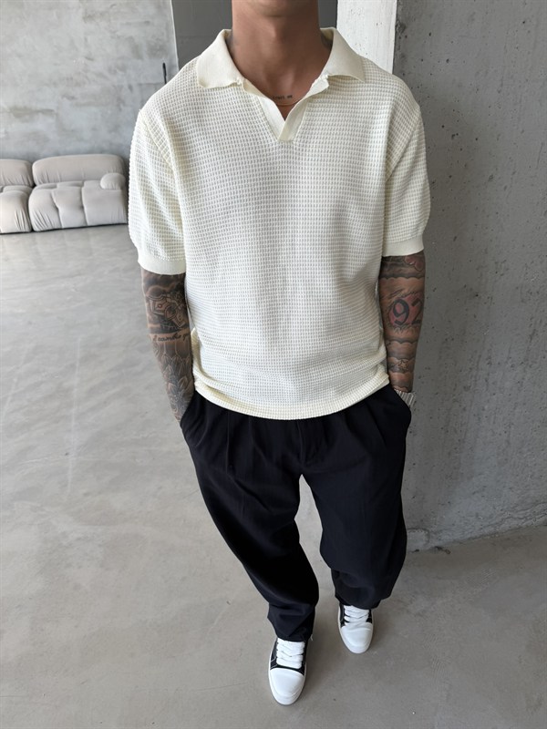 Ajurlu Patlı Triko Polo Yaka T-Shirt -Bej