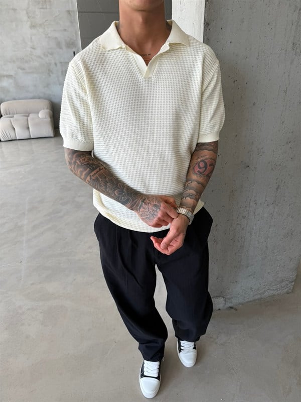 Ajurlu Patlı Triko Polo Yaka T-Shirt -Bej