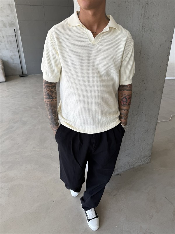 Ajurlu Patlı Triko Polo Yaka T-Shirt -Bej