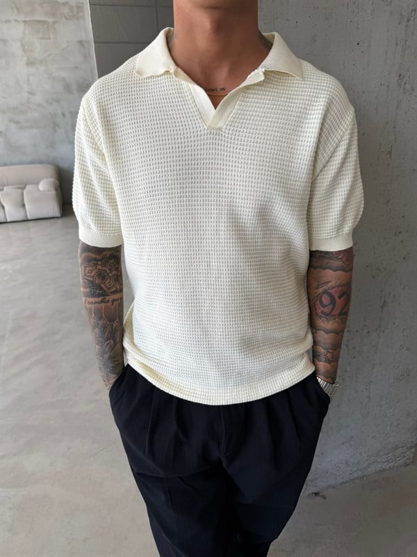 Ajurlu Patlı Triko Polo Yaka T-Shirt -Bej