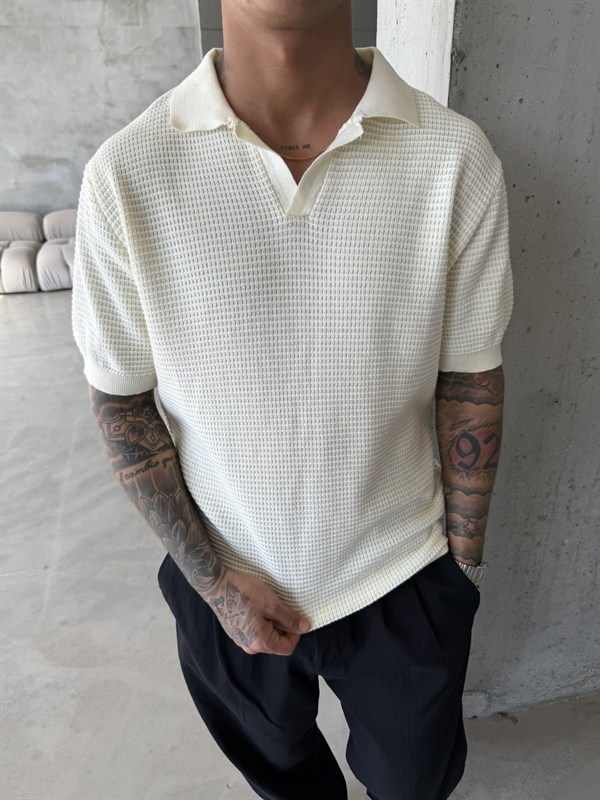 Ajurlu Patlı Triko Polo Yaka T-Shirt -Bej