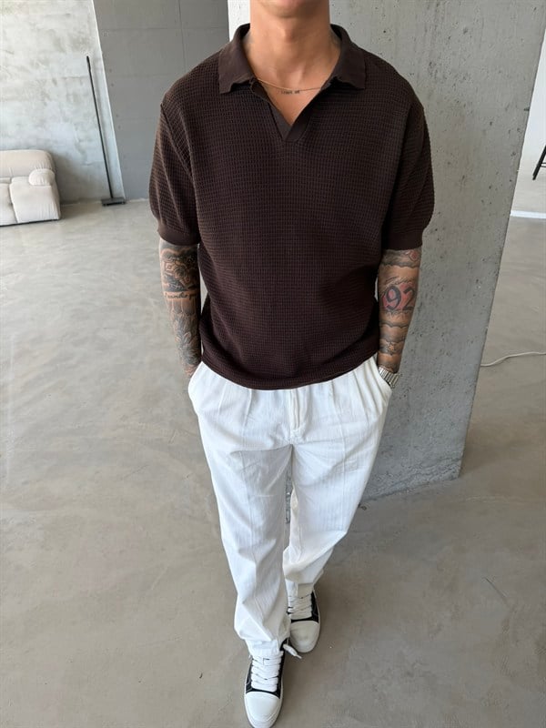 Ajurlu Patlı Triko Polo Yaka T-Shirt -Kahve