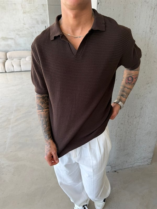 Ajurlu Patlı Triko Polo Yaka T-Shirt -Kahve