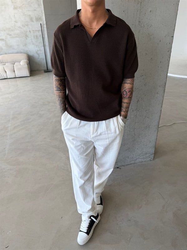 Ajurlu Patlı Triko Polo Yaka T-Shirt -Kahve