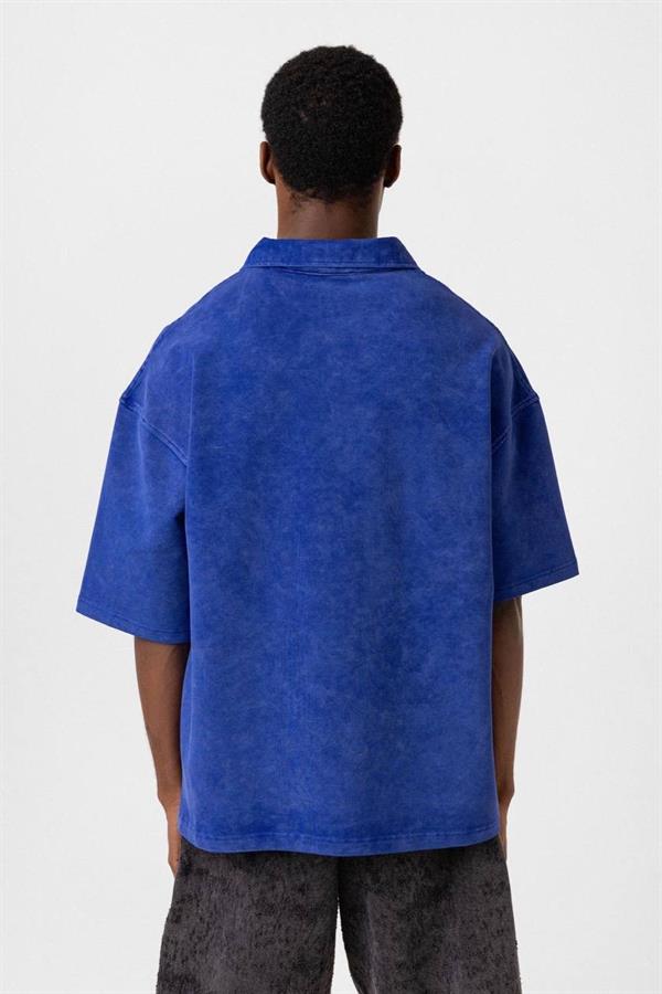 Atelier Yarım Fermuar Yıkamalı T-Shirt-Mavi
