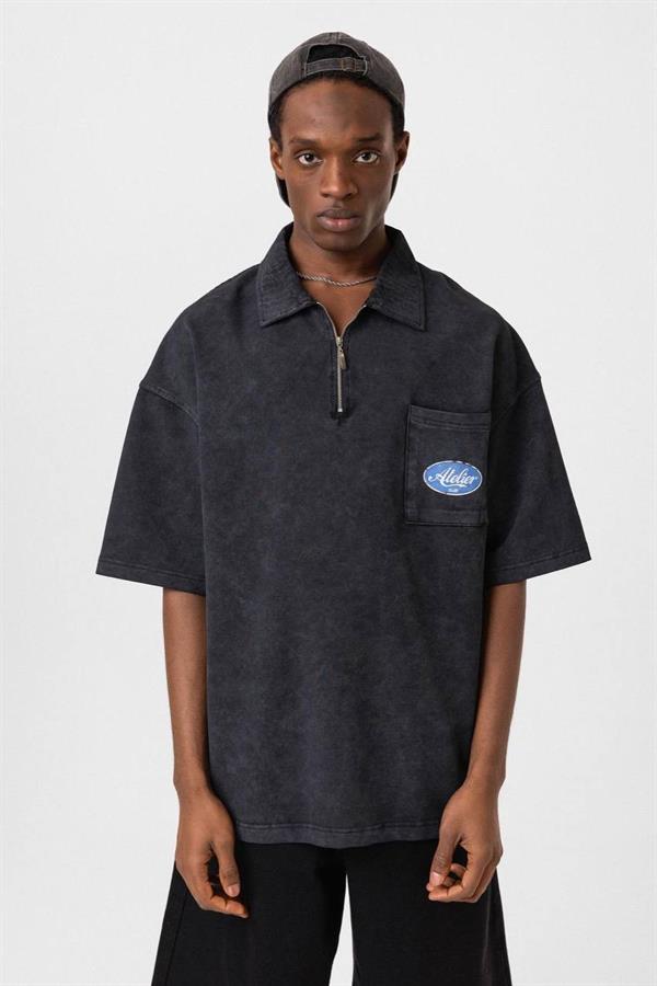 Atelier Yarım Fermuar Yıkamalı T-Shirt-Siyah