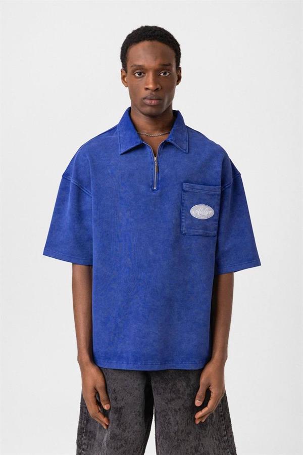 Atelier Yarım Fermuar Yıkamalı T-Shirt-Mavi