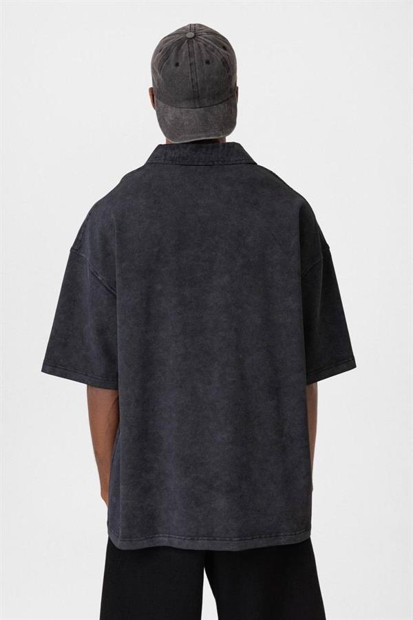 Atelier Yarım Fermuar Yıkamalı T-Shirt-Siyah