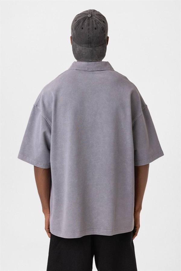 Atelier Yarım Fermuar Yıkamalı T-Shirt-Gri