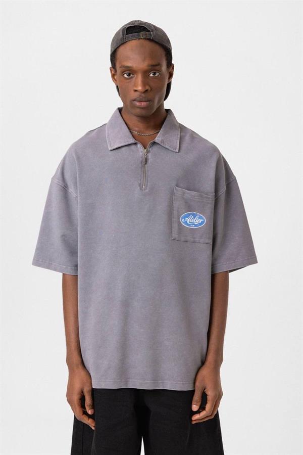 Atelier Yarım Fermuar Yıkamalı T-Shirt-Gri