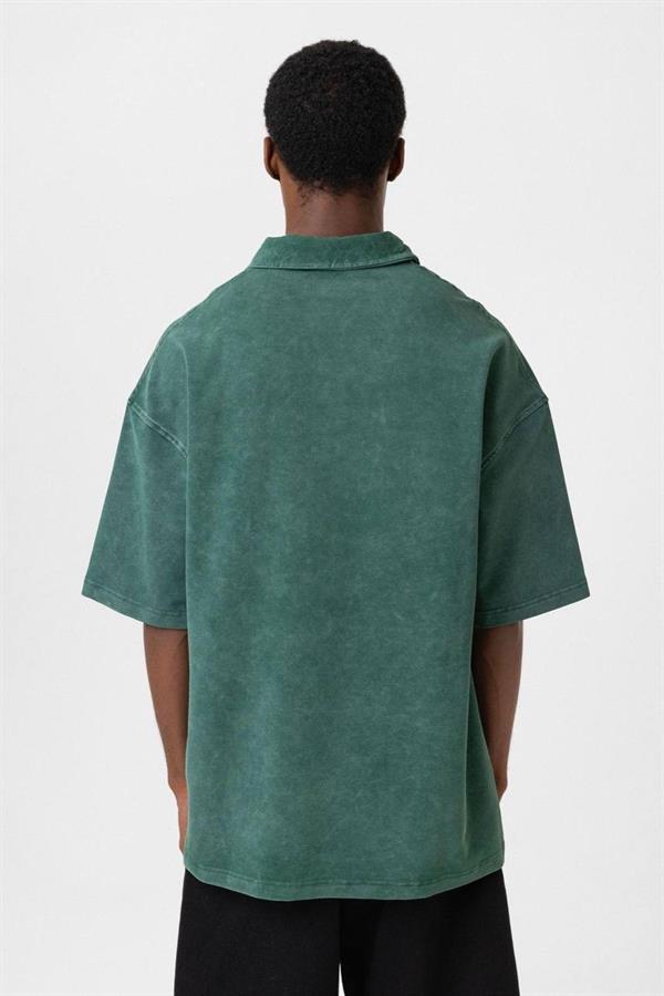Atelier Yarım Fermuar Yıkamalı T-Shirt-Yeşil