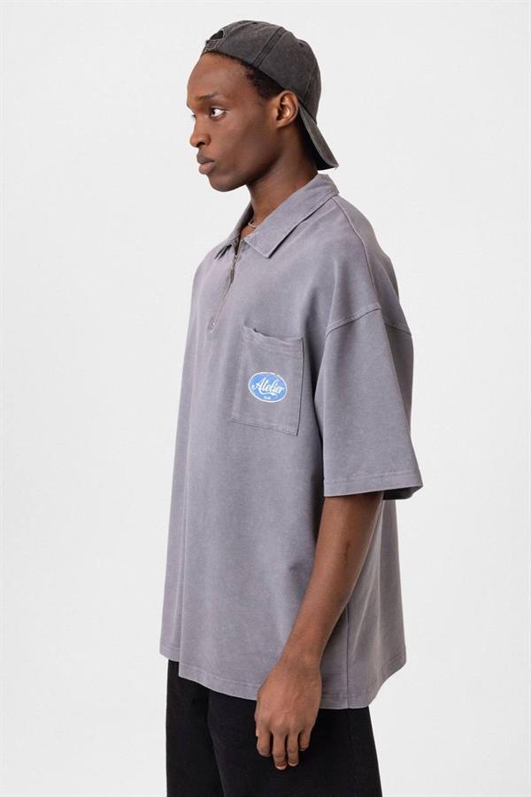 Atelier Yarım Fermuar Yıkamalı T-Shirt-Gri