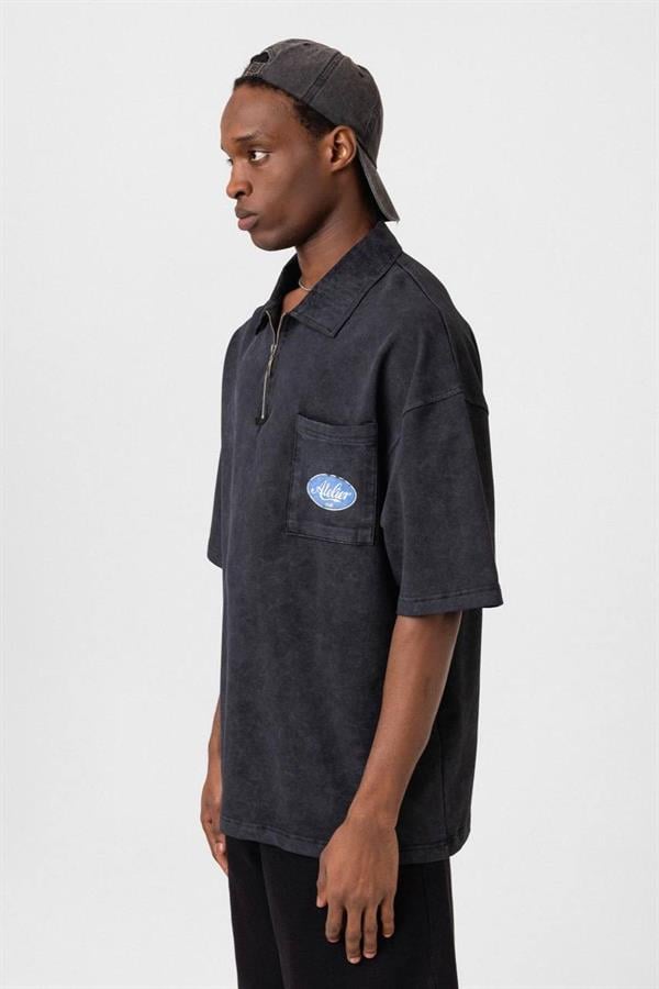 Atelier Yarım Fermuar Yıkamalı T-Shirt-Siyah