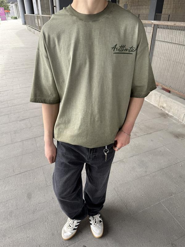 Auttlecntic Yıkamalı Oversize T-Shirt - Yeşil