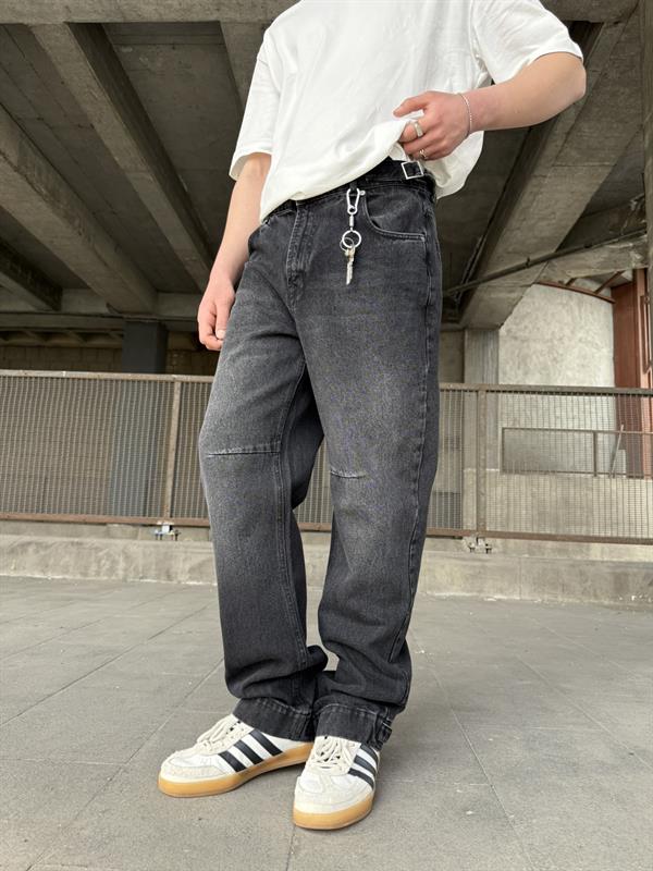 Baggy Fit Ayarlanabilir Bel Ve Paça Detaylı Jean - Siyah